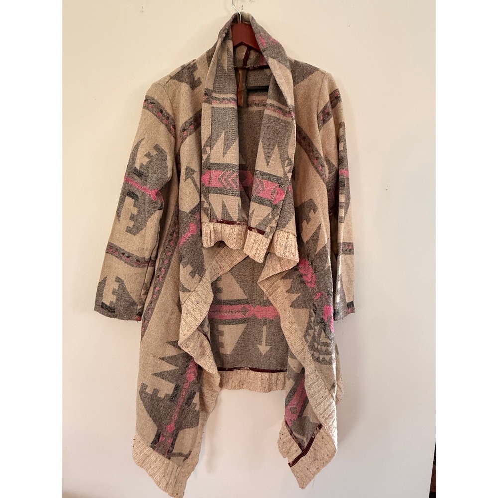 Aratta Silent Journey Southwestern Aztec Open Front Waterfall Cardigan Pink Tan